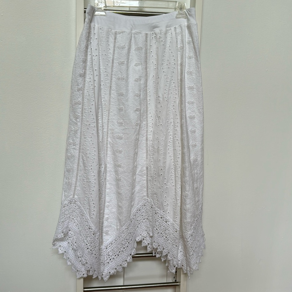 Chico’s Eyelet Lace Handkerchief Hem Lined Pull On Cotton Skirt